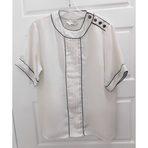 Oscar de la Renta White Navy Blue Piping Short‎ Sleeve Top Blouse sz 10